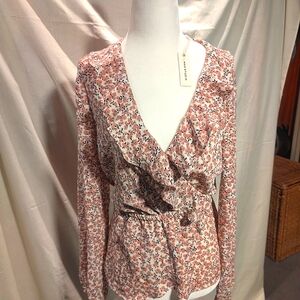 Max Studio Pink Long Sleeve Ruffled Wrap Blouse